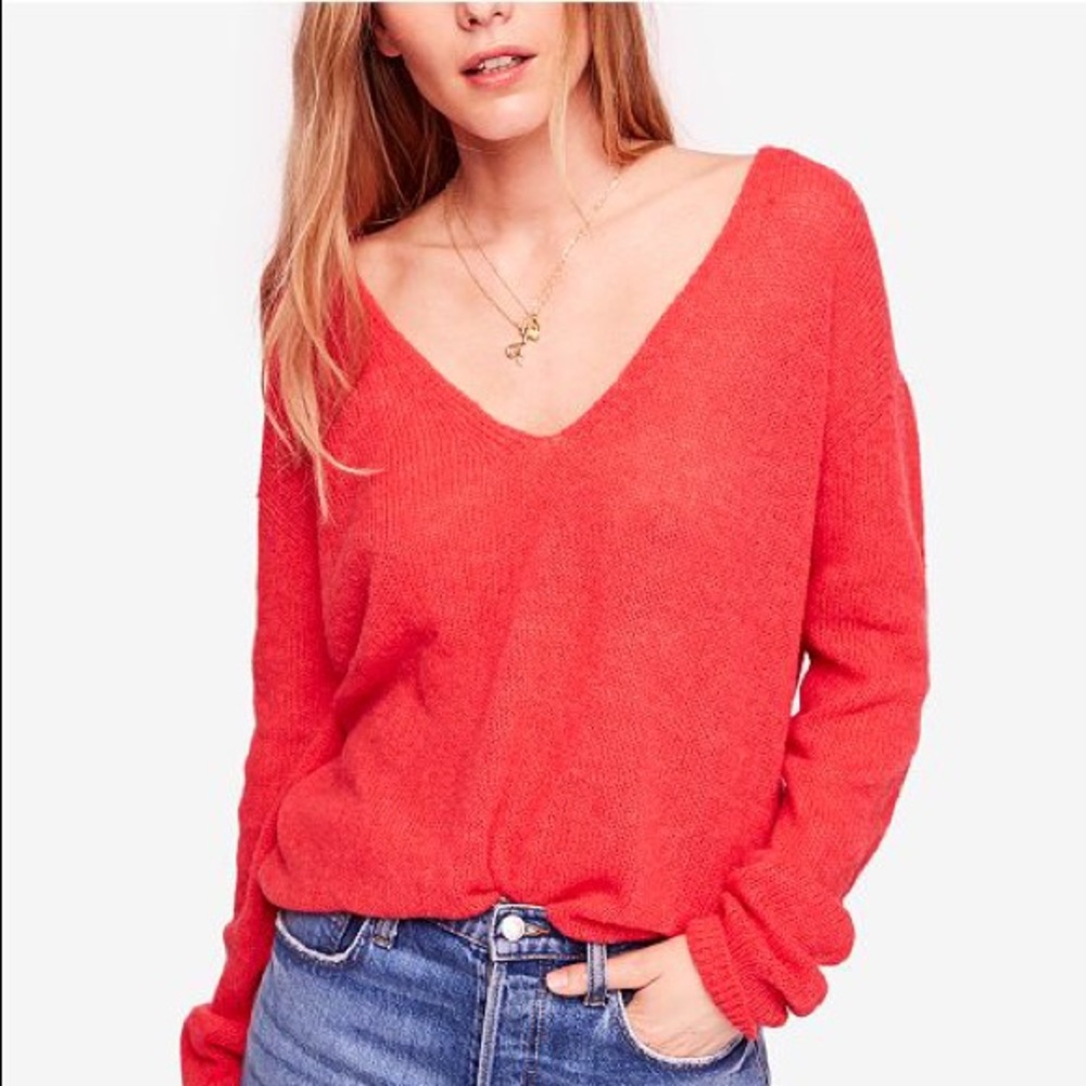 Free People Coral V-Neck Sweater